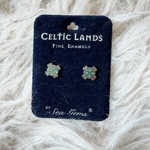 Celtic Lands Sea Gems Green Enamel Cross Stud Earrings